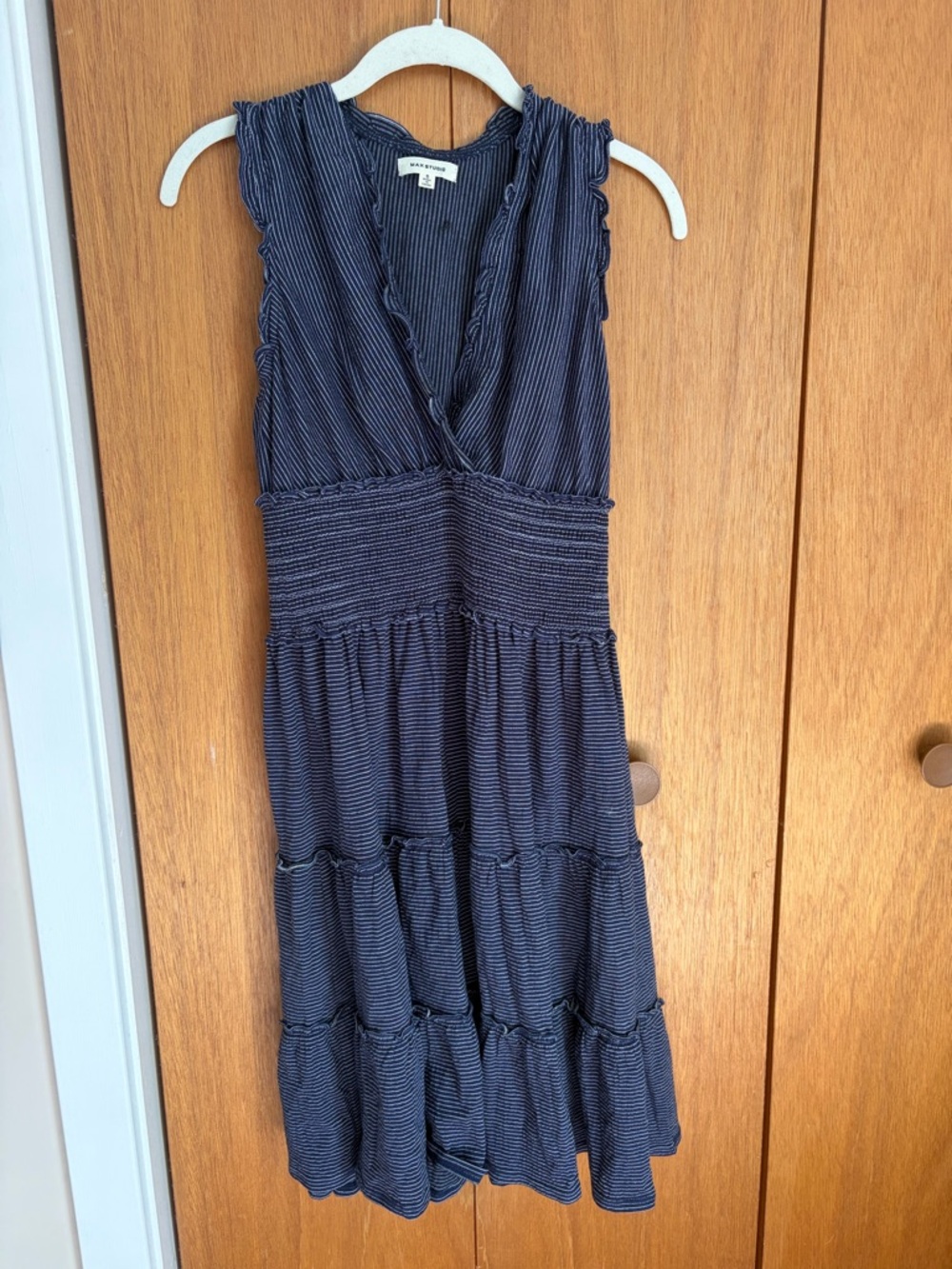 Max Studio Navy Striped V-Neck Tiered Midi Dress